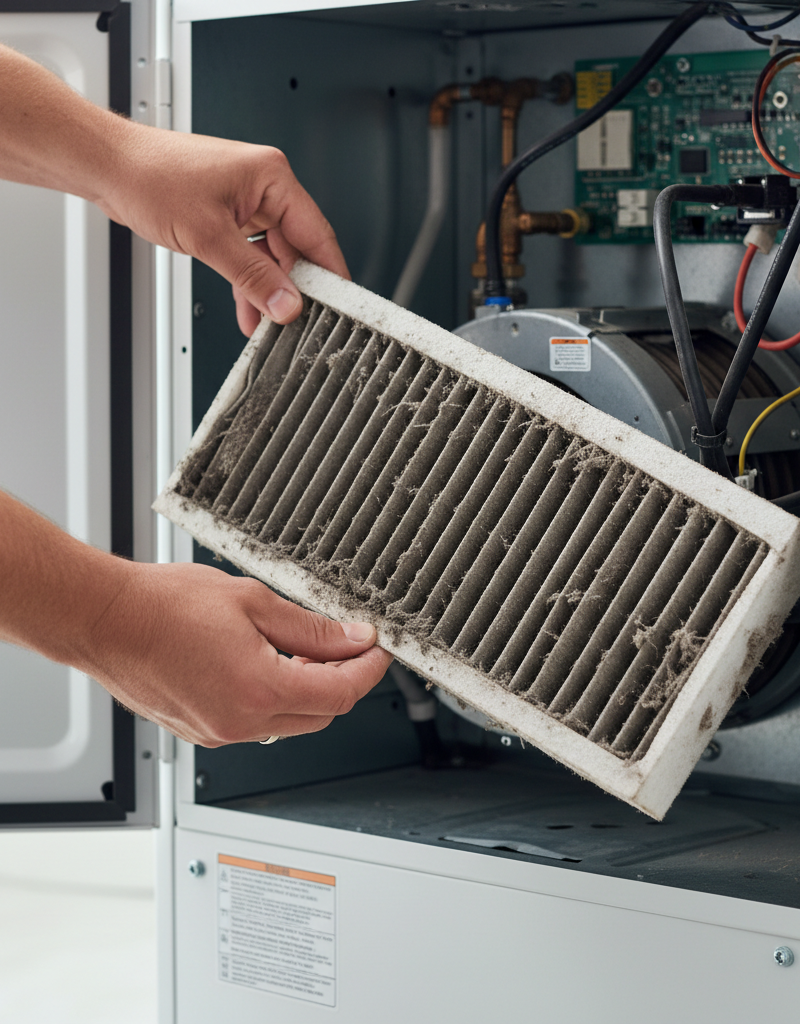 Homeowner pulling a dirty furnace air filter from a residential gas furnace.