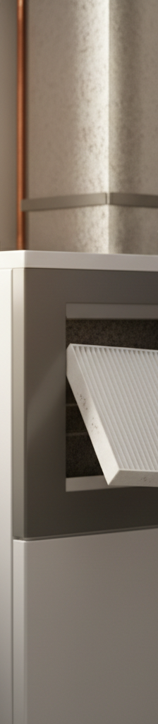 Homeowner inspecting a furnace air filter, clearly visible with dust buildup, as a common cause of short cycling