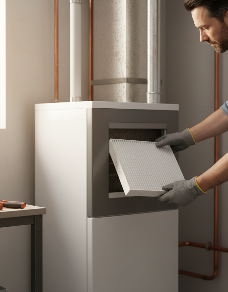 Homeowner inspecting a furnace air filter, clearly visible with dust buildup, as a common cause of short cycling