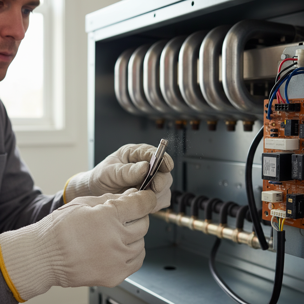 Homeowner carefully cleaning a dirty flame sensor inside a gas furnace.