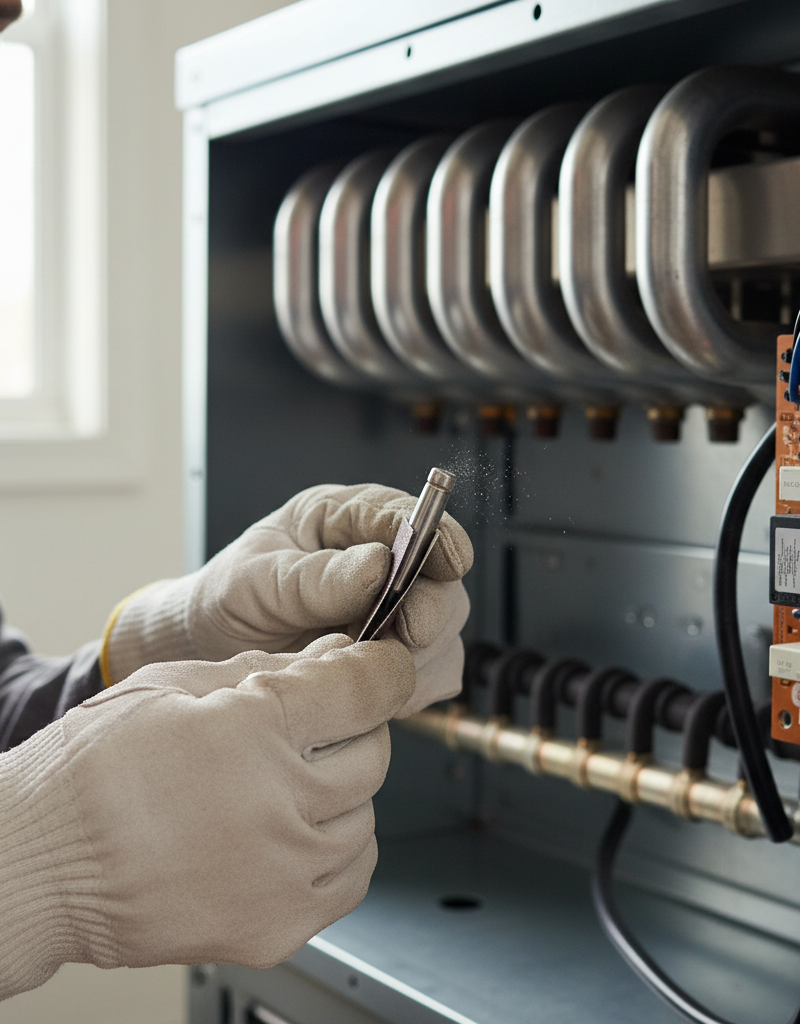 Homeowner carefully cleaning a dirty flame sensor inside a gas furnace.