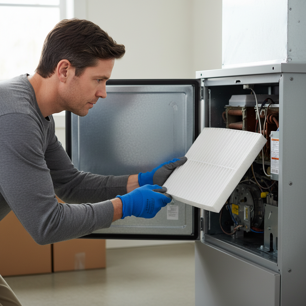 Homeowner removing a dirty air filter from a gas furnace, troubleshooting short cycling.