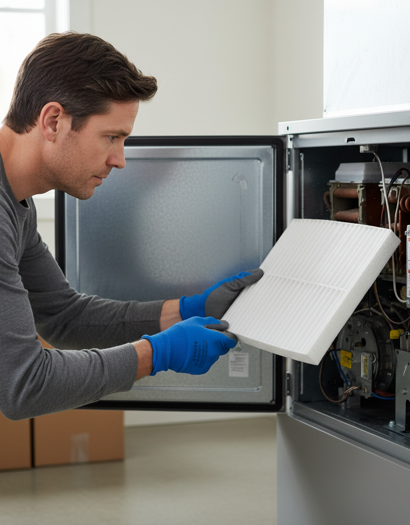 Homeowner removing a dirty air filter from a gas furnace, troubleshooting short cycling.