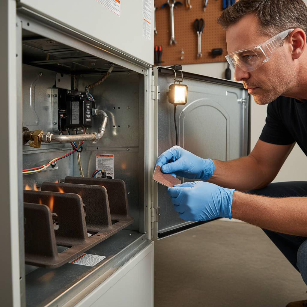 Homeowner cleaning a furnace flame sensor to fix short cycling
