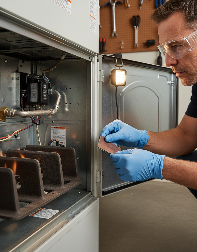 Homeowner cleaning a furnace flame sensor to fix short cycling