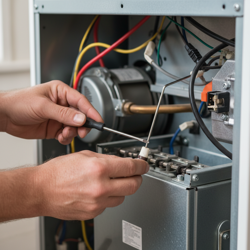 Homeowner cleaning a furnace flame sensor to fix short cycling