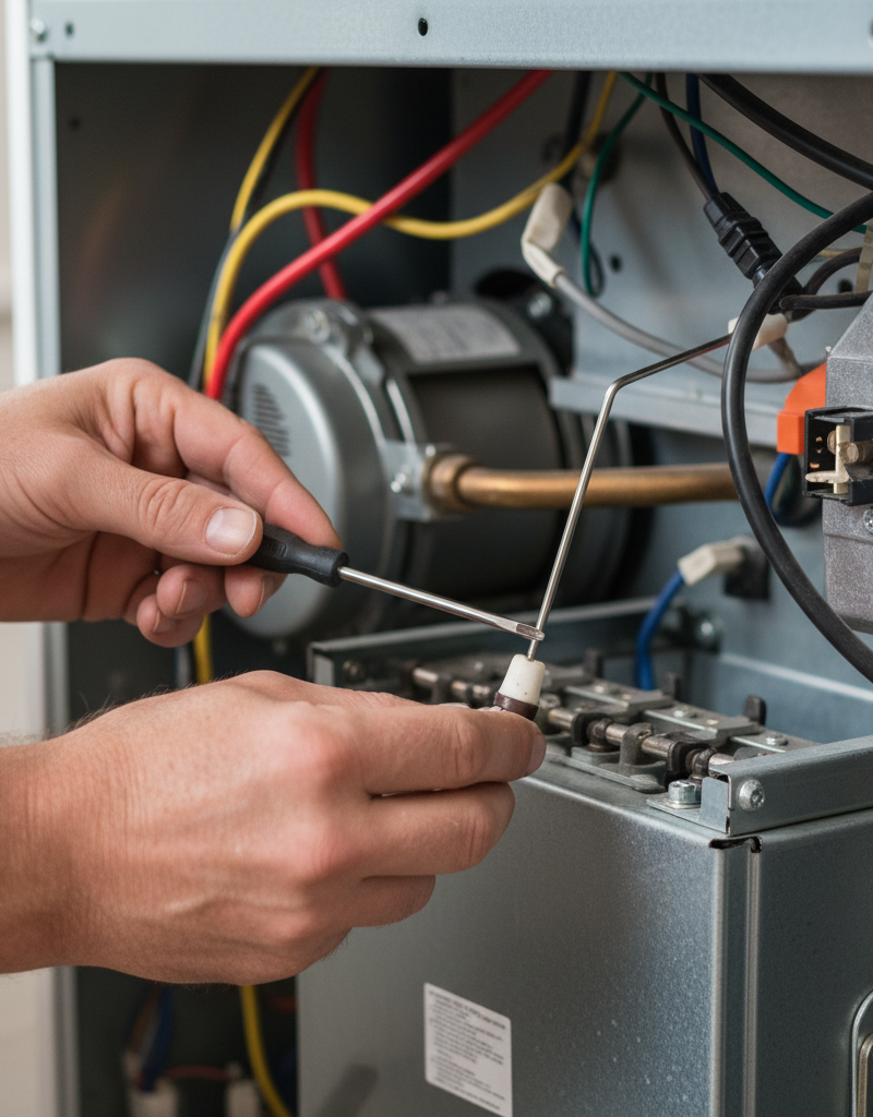 Homeowner cleaning a furnace flame sensor to fix short cycling
