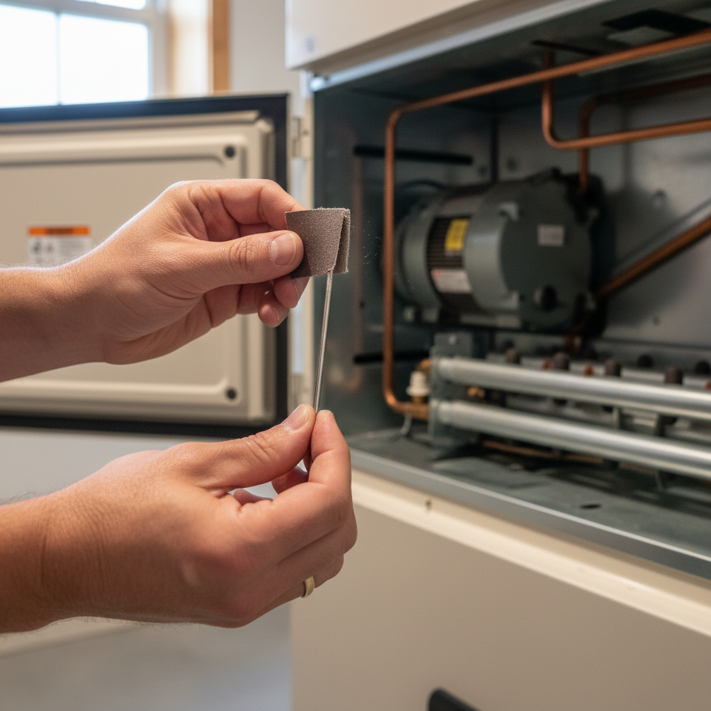 Homeowner cleaning a furnace flame sensor with sandpaper to fix short cycling