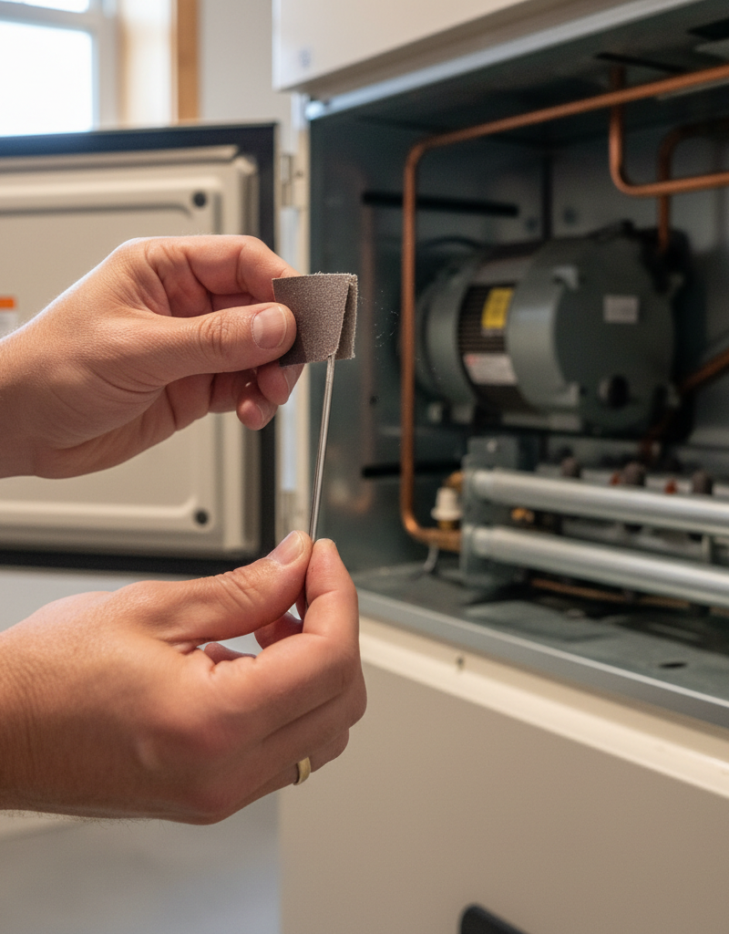 Homeowner cleaning a furnace flame sensor with sandpaper to fix short cycling