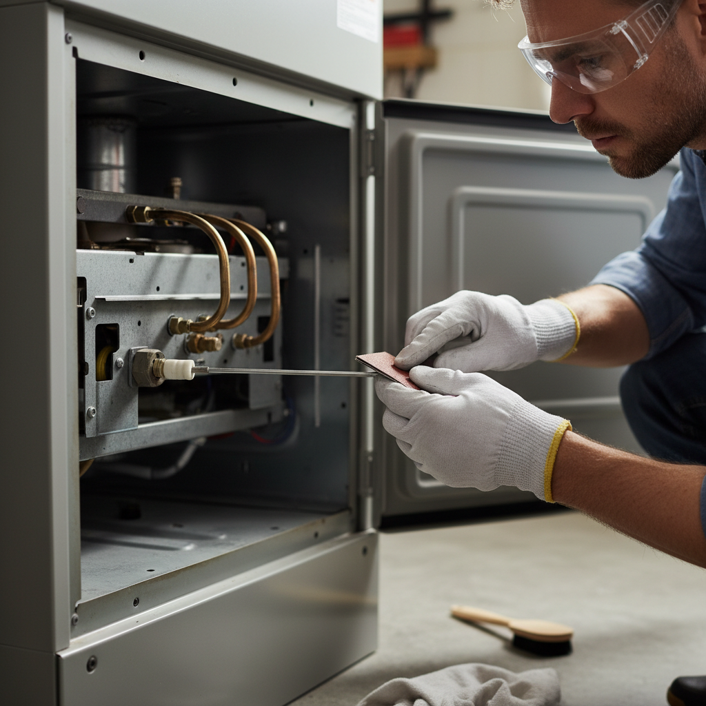 Homeowner cleaning a furnace flame sensor with sandpaper to fix short cycling