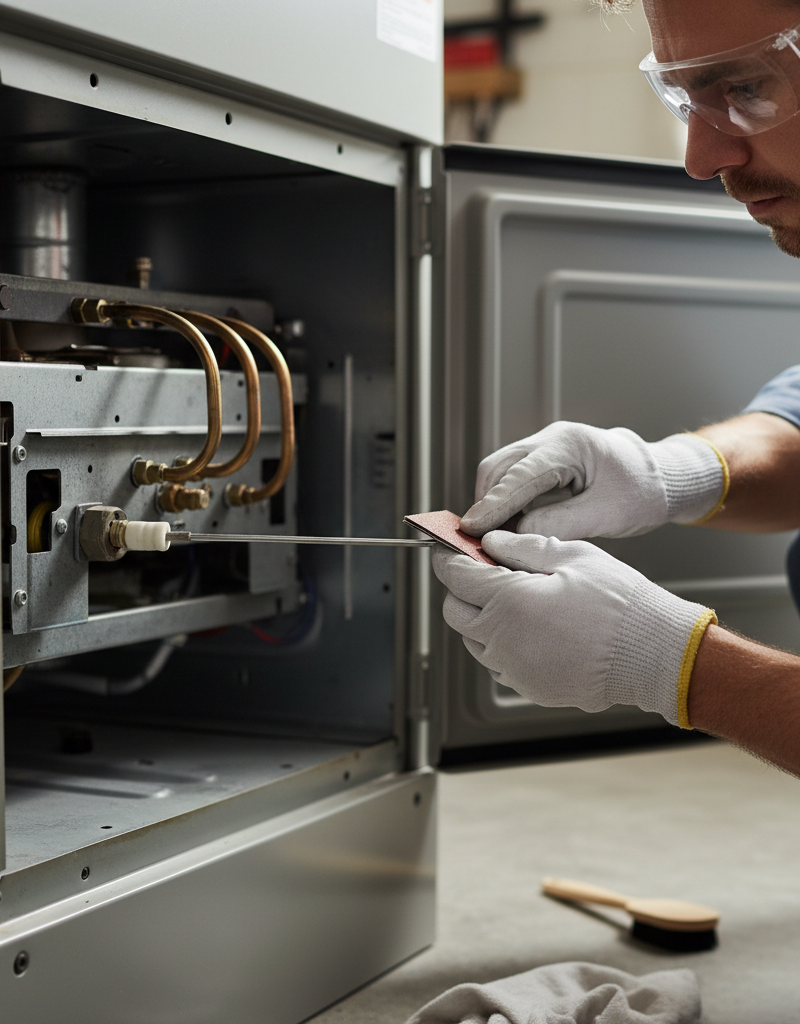 Homeowner cleaning a furnace flame sensor with sandpaper to fix short cycling