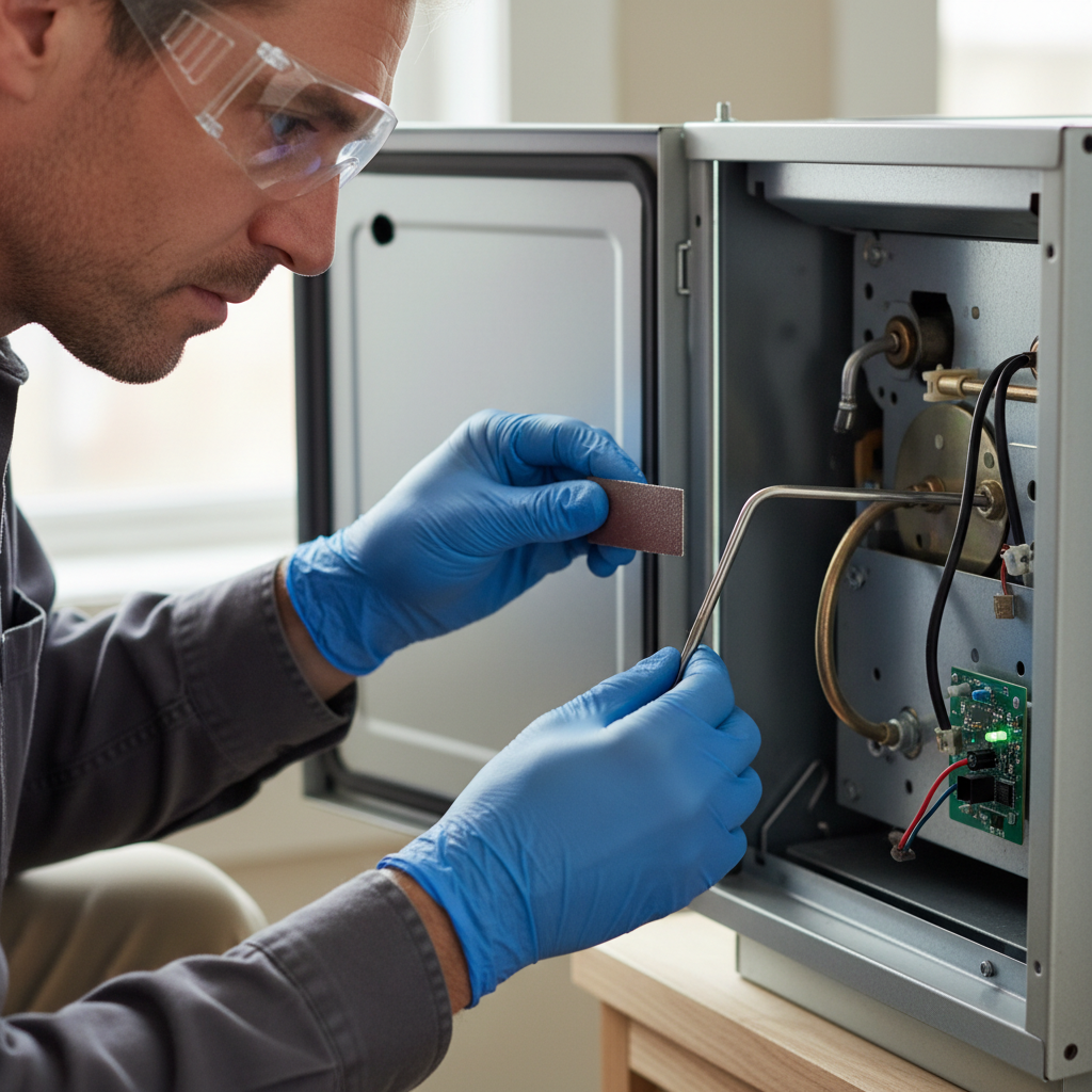 Homeowner cleaning a furnace flame sensor to fix short cycling