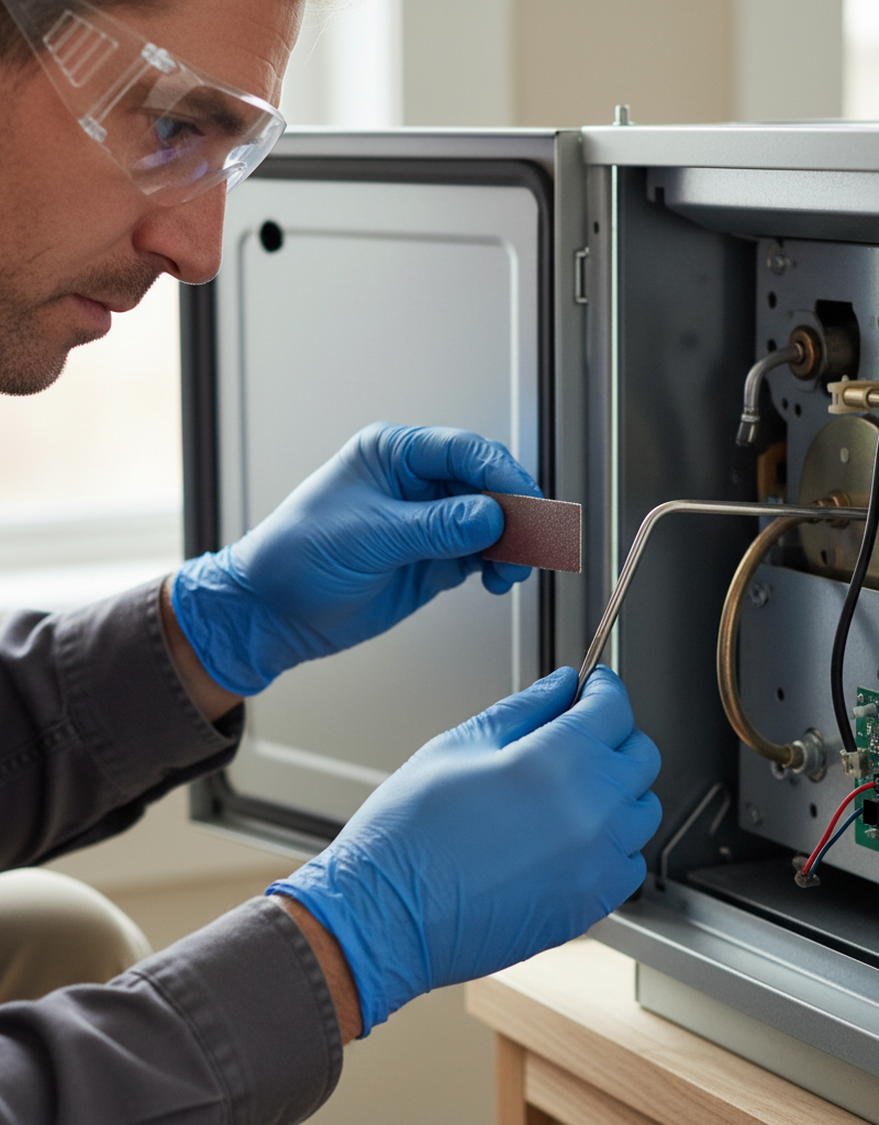 Homeowner cleaning a furnace flame sensor to fix short cycling