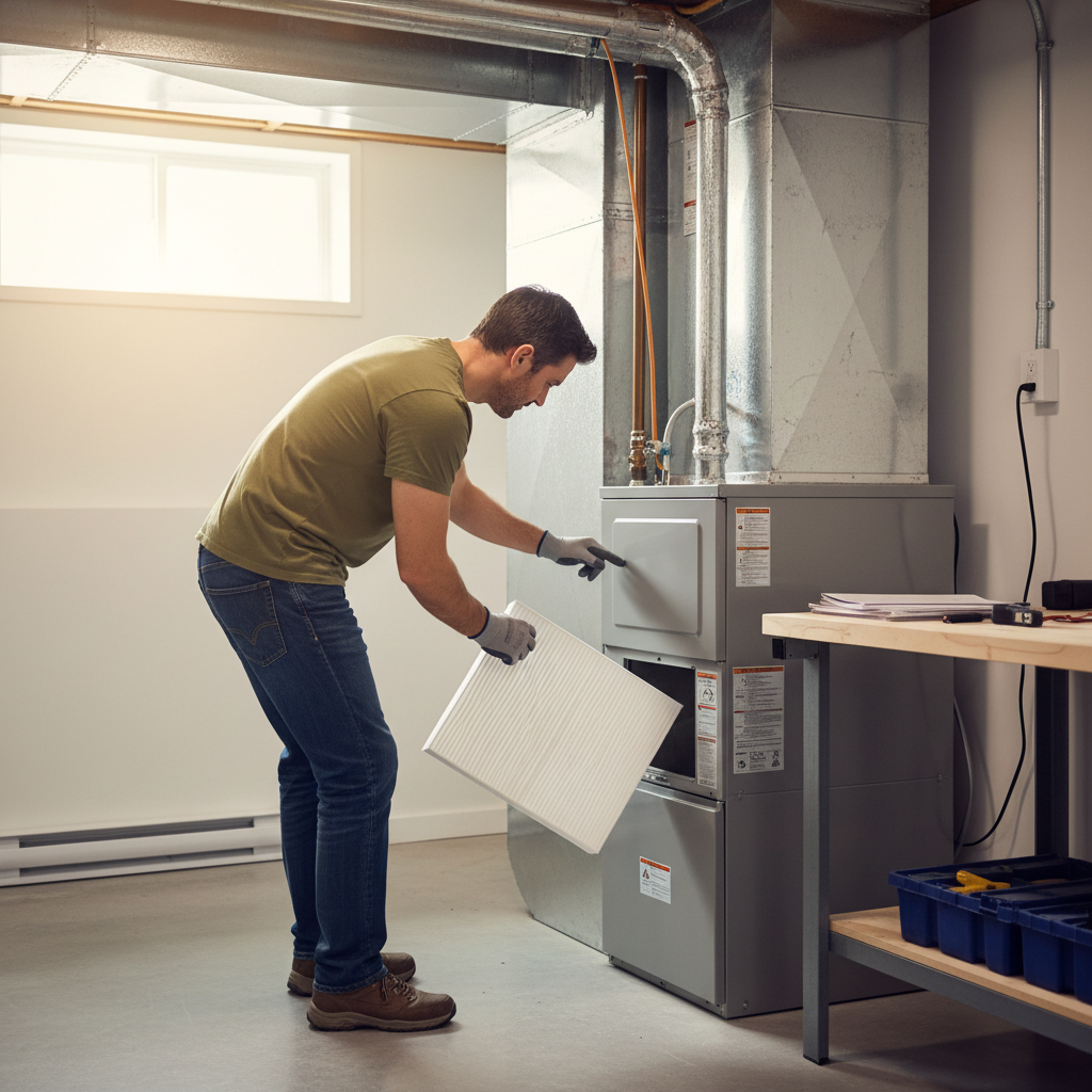 Homeowner inspecting and replacing a furnace air filter to fix short cycling