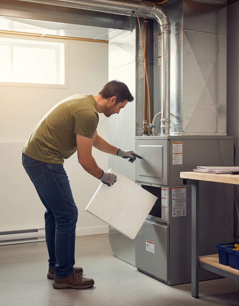 Homeowner inspecting and replacing a furnace air filter to fix short cycling