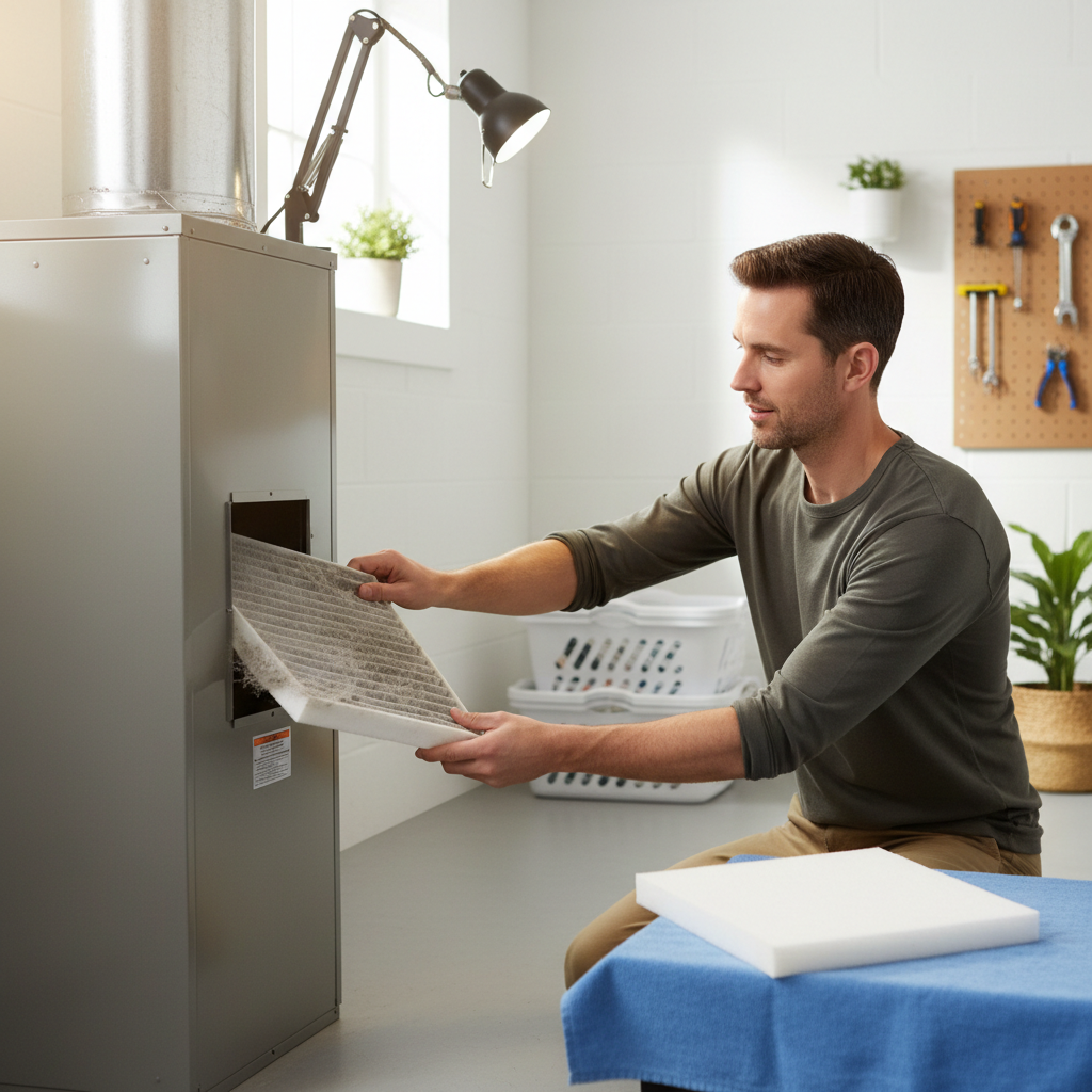 Homeowner inspecting a dirty furnace air filter, a common cause of short cycling.