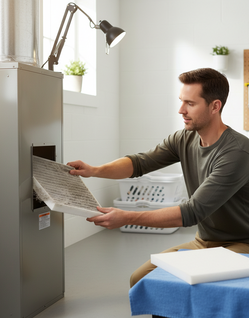 Homeowner inspecting a dirty furnace air filter, a common cause of short cycling.