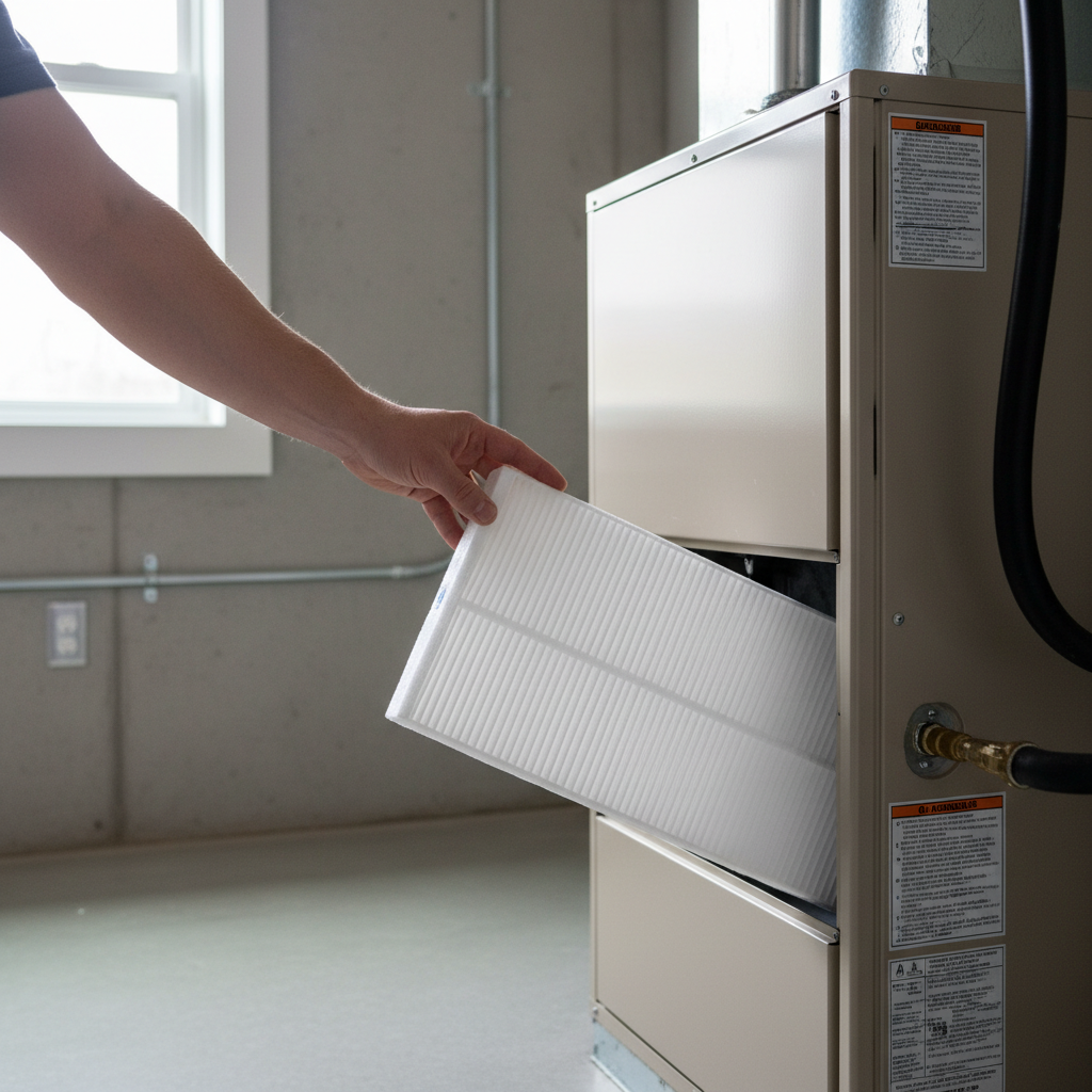 Homeowner replacing a dirty furnace air filter to fix short cycling