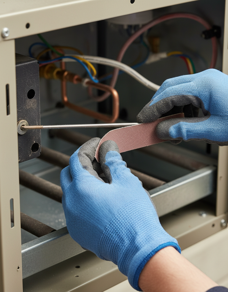 Homeowner cleaning a furnace flame sensor with sandpaper