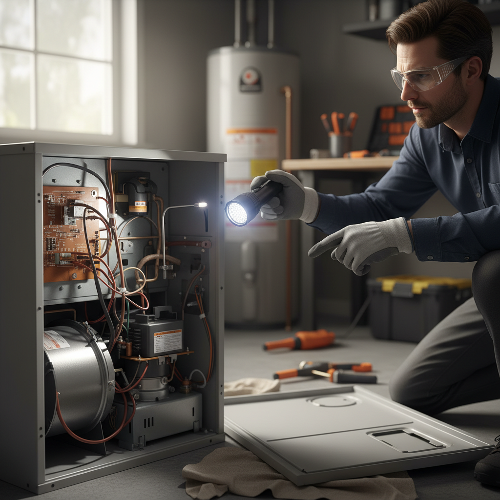Homeowner inspecting furnace flame sensor during short cycling diagnosis
