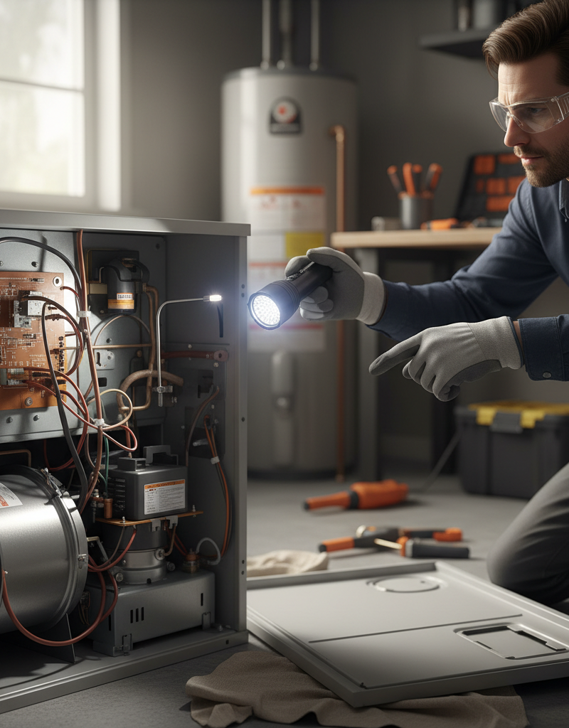 Homeowner inspecting furnace flame sensor during short cycling diagnosis