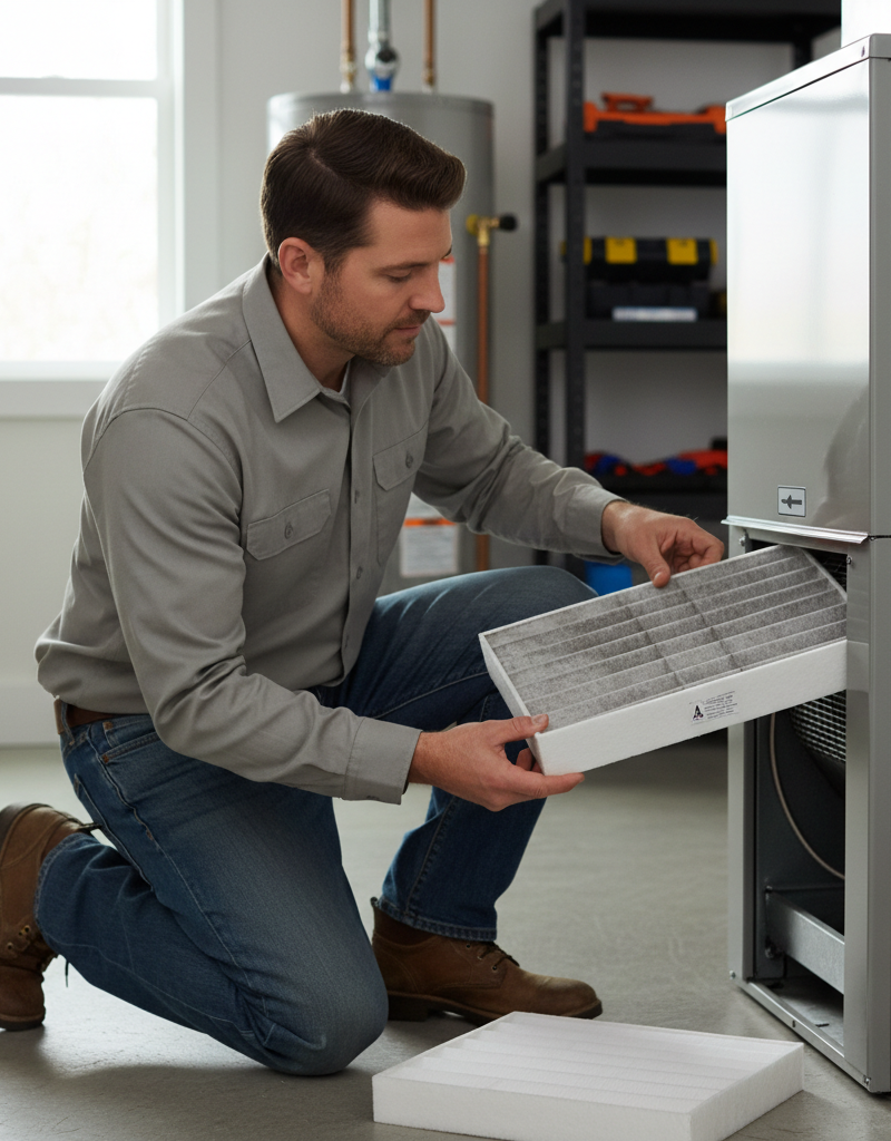 Homeowner checking a furnace air filter to diagnose short cycling issues
