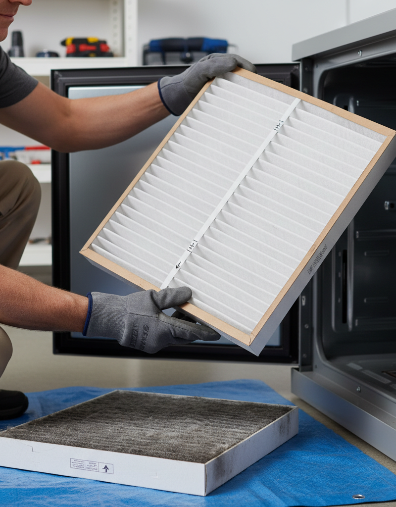 Homeowner holding a clean furnace filter, standing next to a furnace during short cycling troubleshooting.