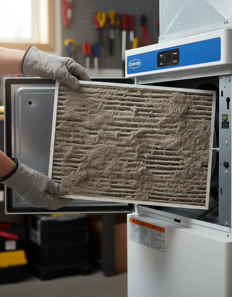 Homeowner inspecting a dirty furnace air filter, a common cause of short cycling