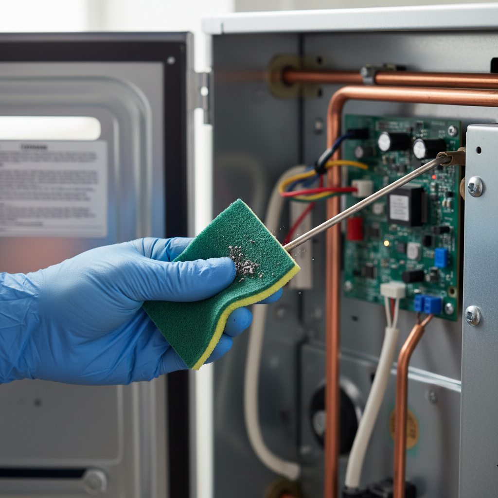 Homeowner cleaning a furnace flame sensor with a Scotch-Brite pad to fix short cycling