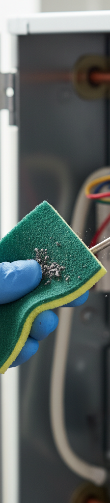 Homeowner cleaning a furnace flame sensor with a Scotch-Brite pad to fix short cycling