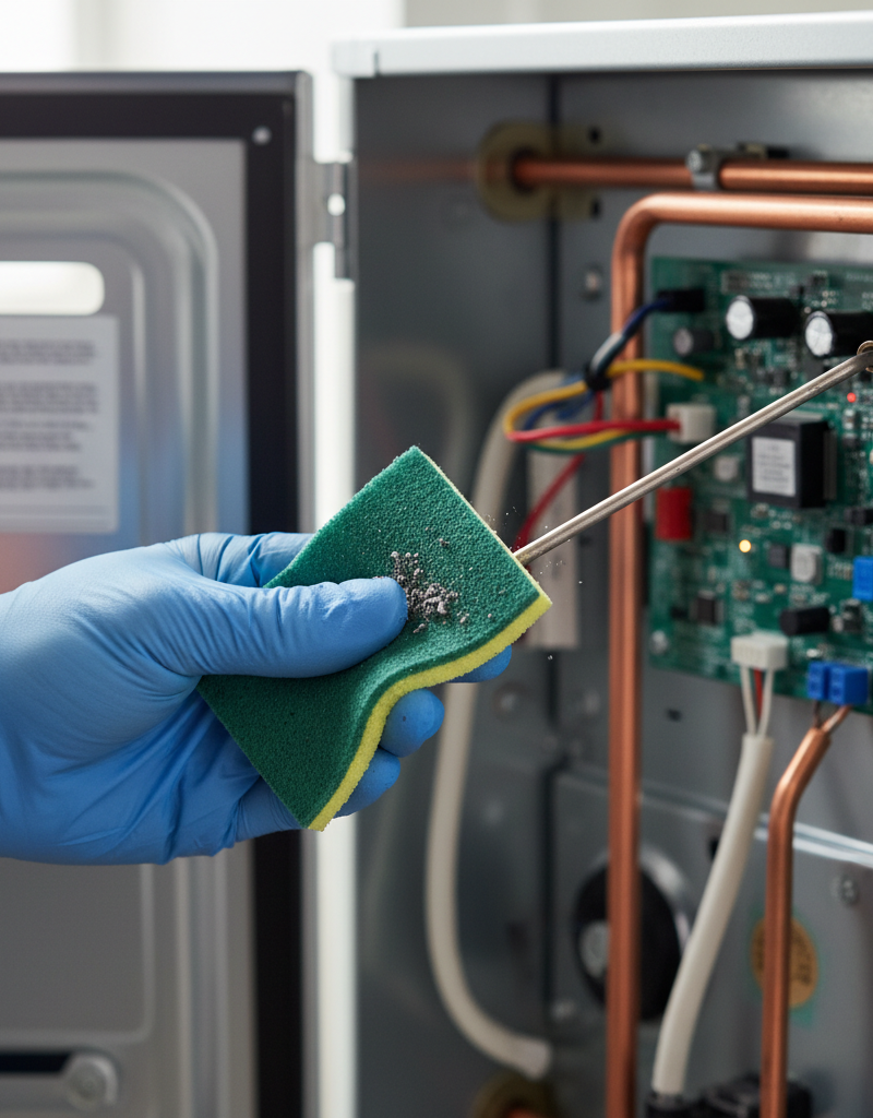 Homeowner cleaning a furnace flame sensor with a Scotch-Brite pad to fix short cycling