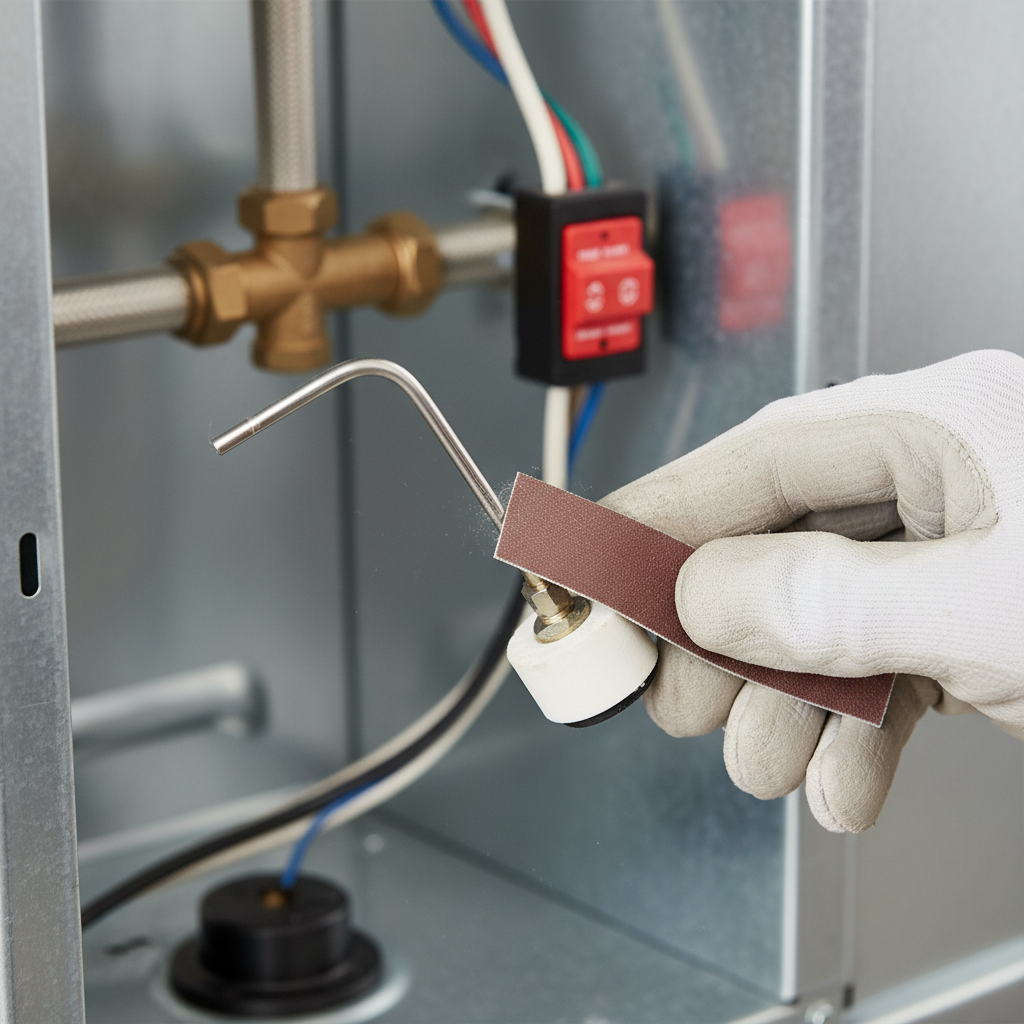 Homeowner cleaning a furnace flame sensor with sandpaper