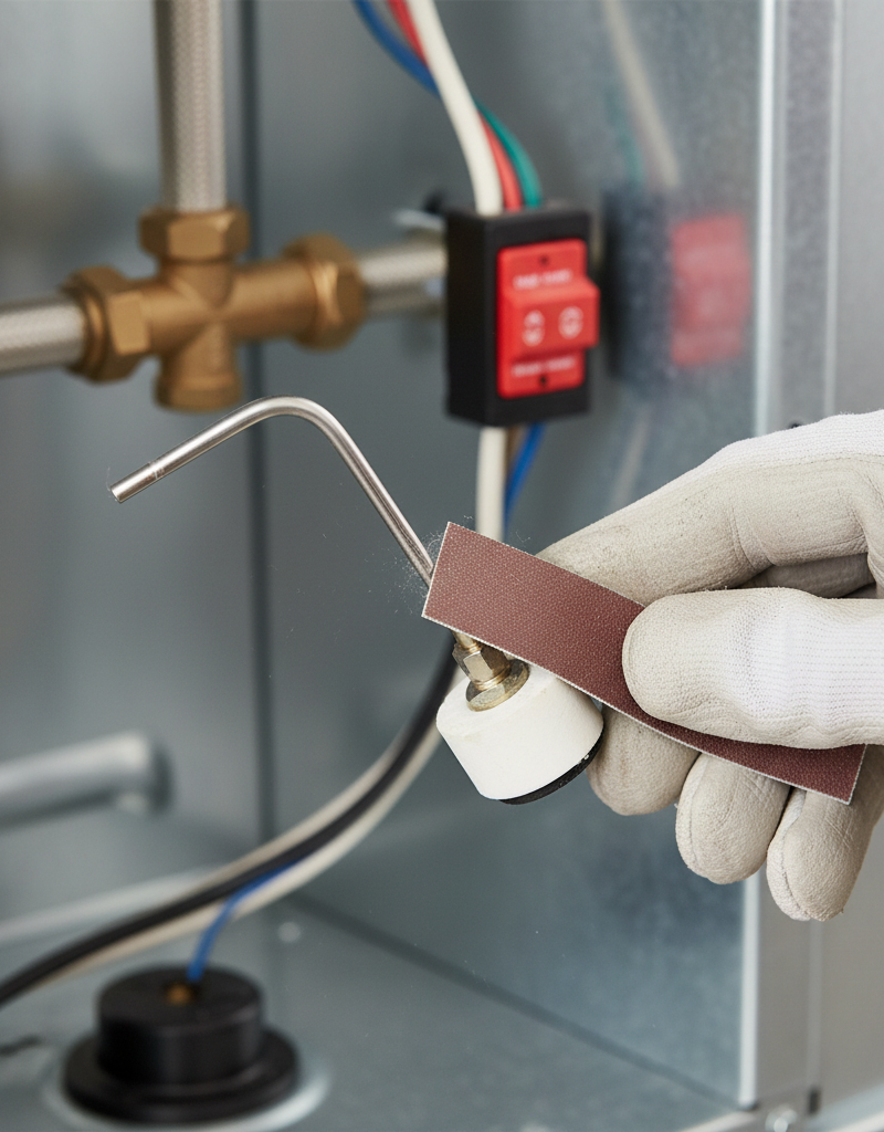 Homeowner cleaning a furnace flame sensor with sandpaper