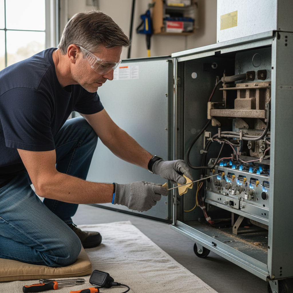Homeowner cleaning a furnace flame sensor to fix short cycling