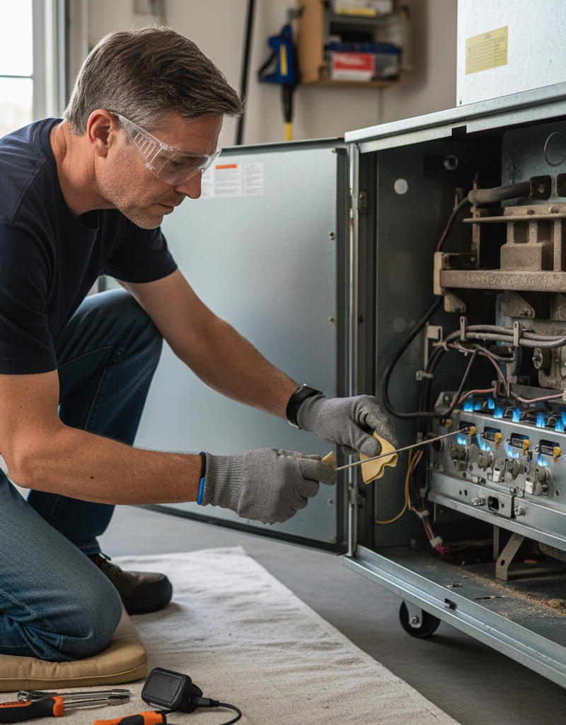 Homeowner cleaning a furnace flame sensor to fix short cycling