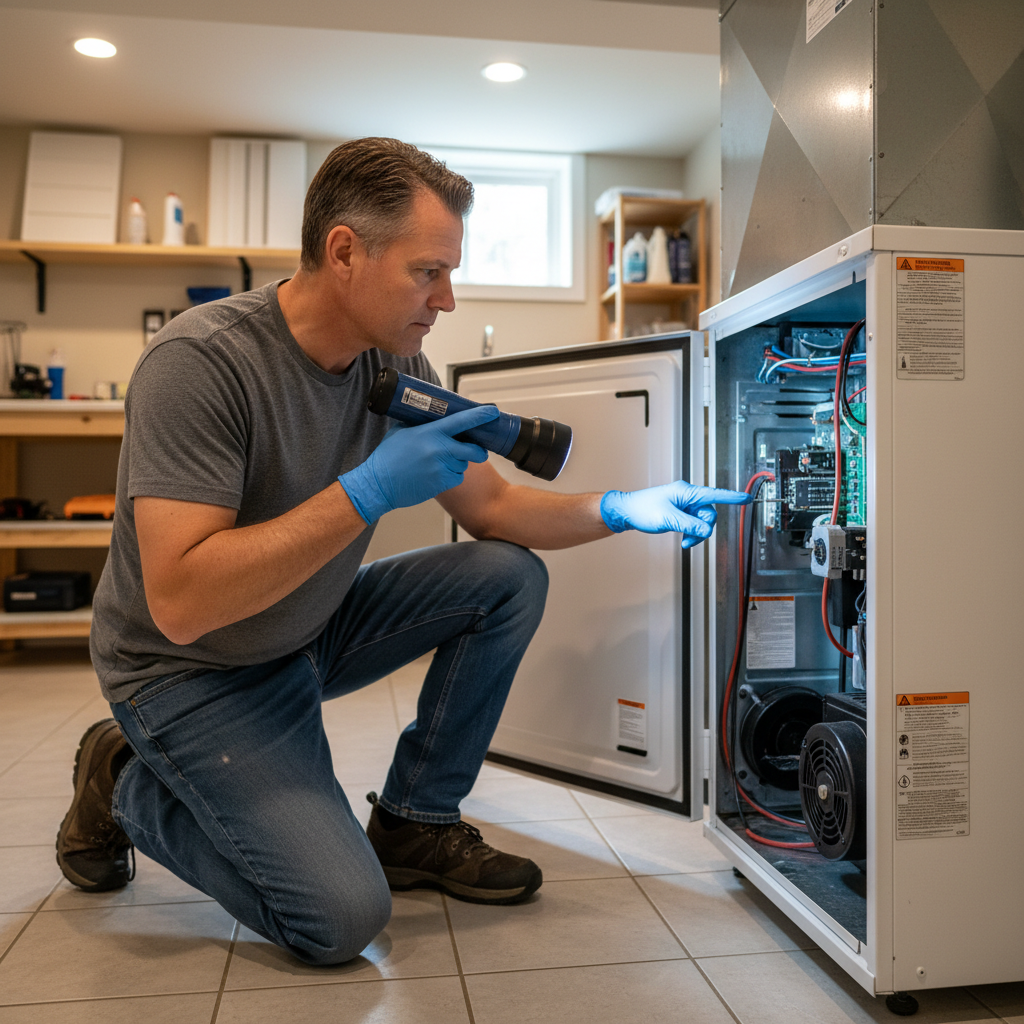 Homeowner inspecting a furnace flame sensor with a flashlight in a basement utility room.