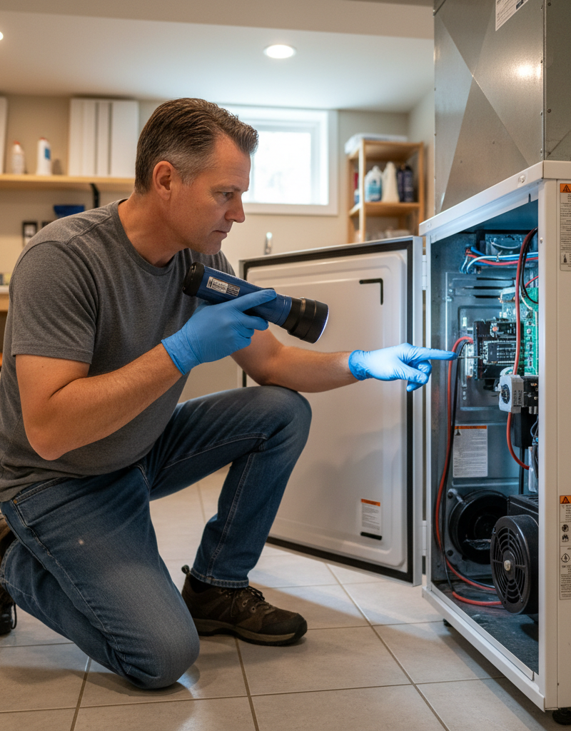 Homeowner inspecting a furnace flame sensor with a flashlight in a basement utility room.