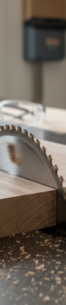 Close-up of a table saw blade making a fuzzy cut in wood, illustrating tearout.