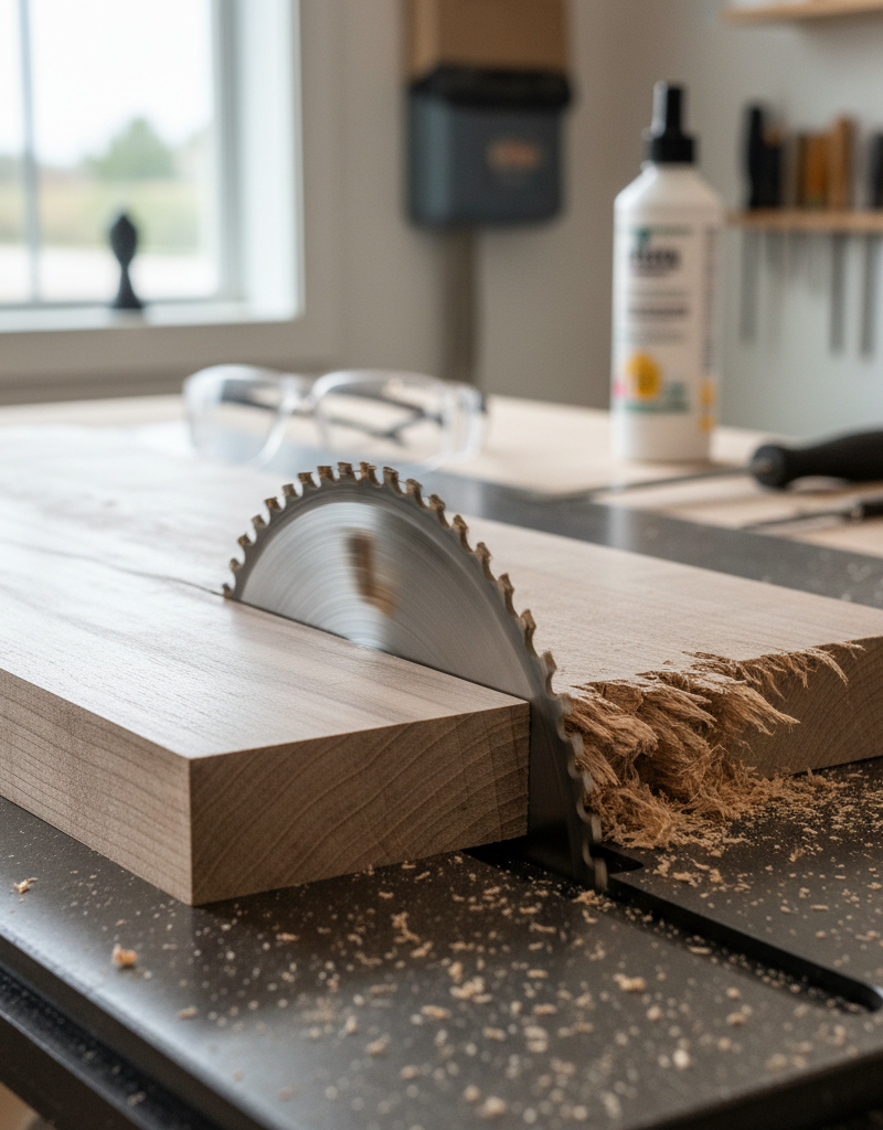 Close-up of a table saw blade making a fuzzy cut in wood, illustrating tearout.