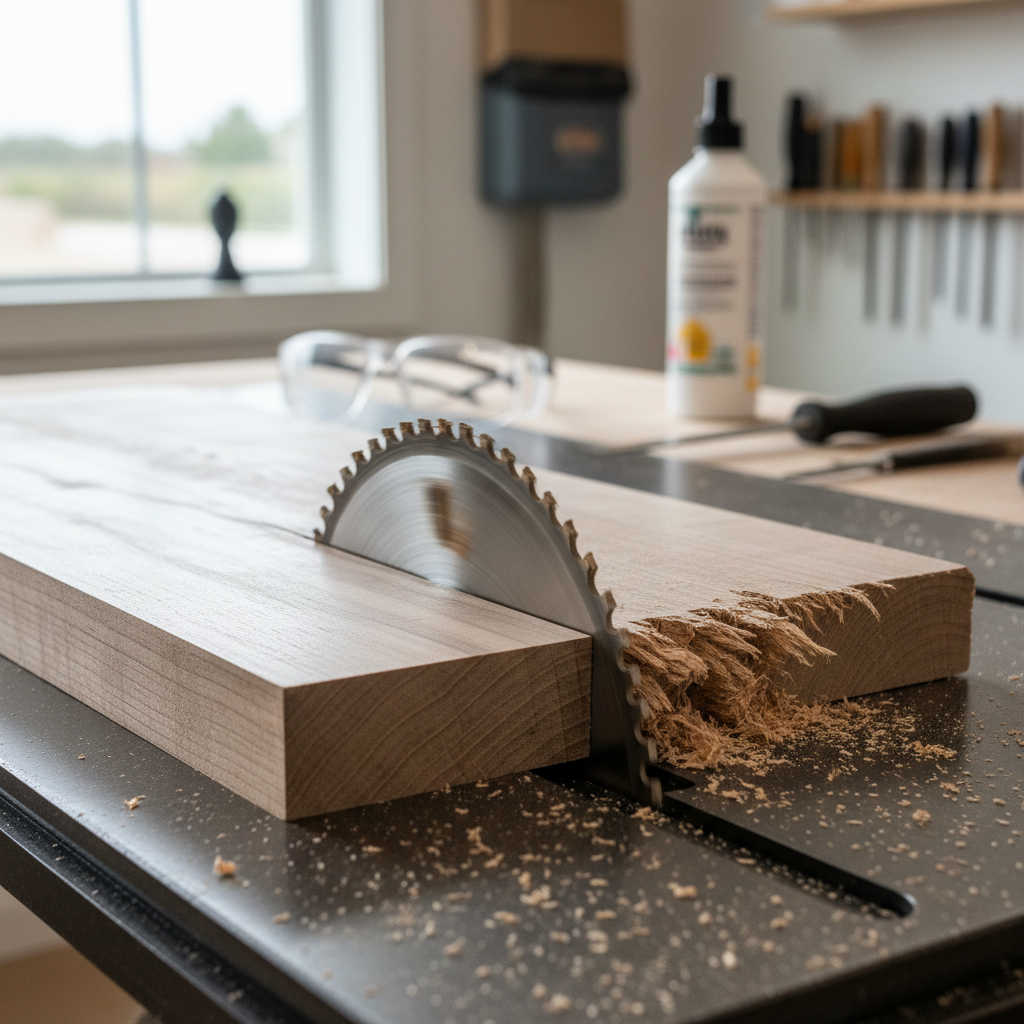 Close-up of a table saw blade making a fuzzy cut in wood, illustrating tearout.