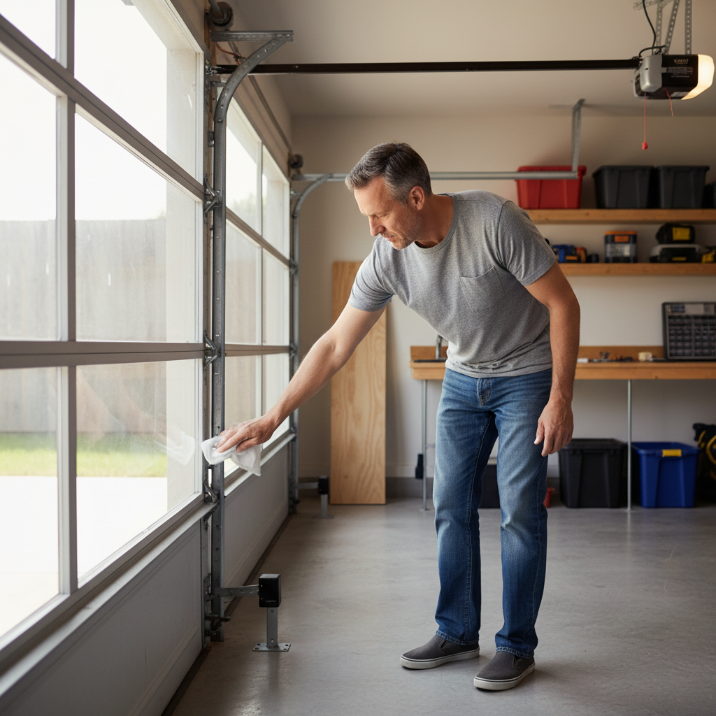 Homeowner cleaning a garage door opener safety sensor as part of routine maintenance.