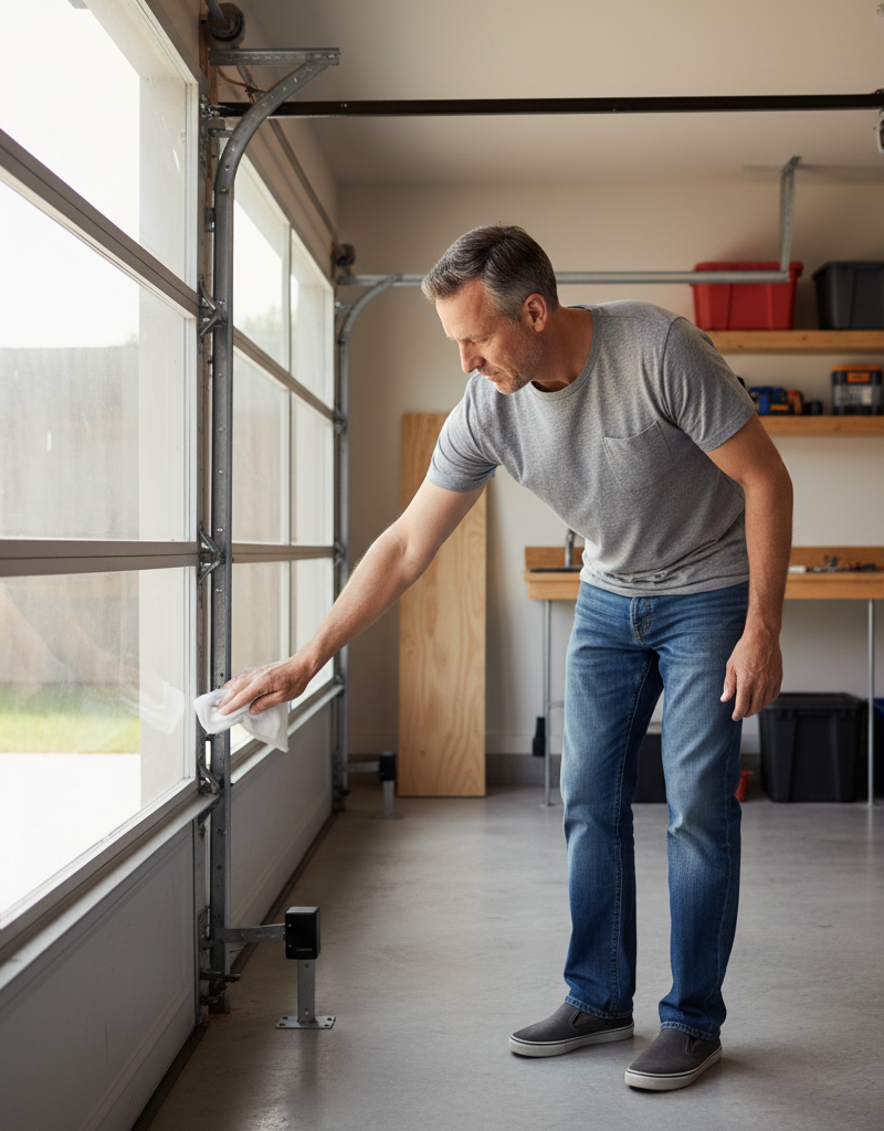 Homeowner cleaning a garage door opener safety sensor as part of routine maintenance.