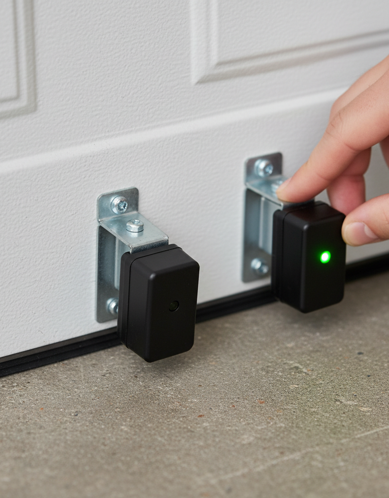 Homeowner realigning a garage door safety sensor with a steady green light, bottom of garage door visible.