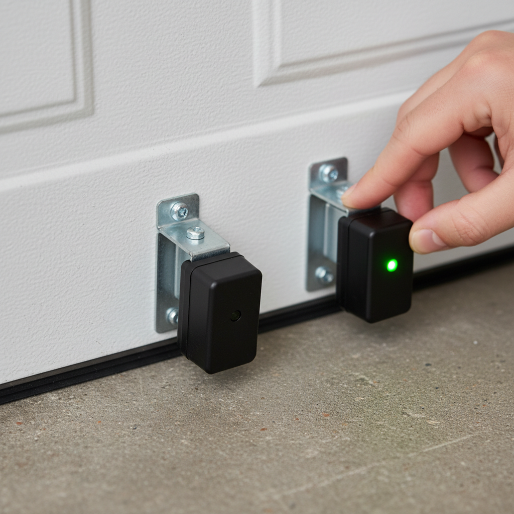 Homeowner realigning a garage door safety sensor with a steady green light, bottom of garage door visible.