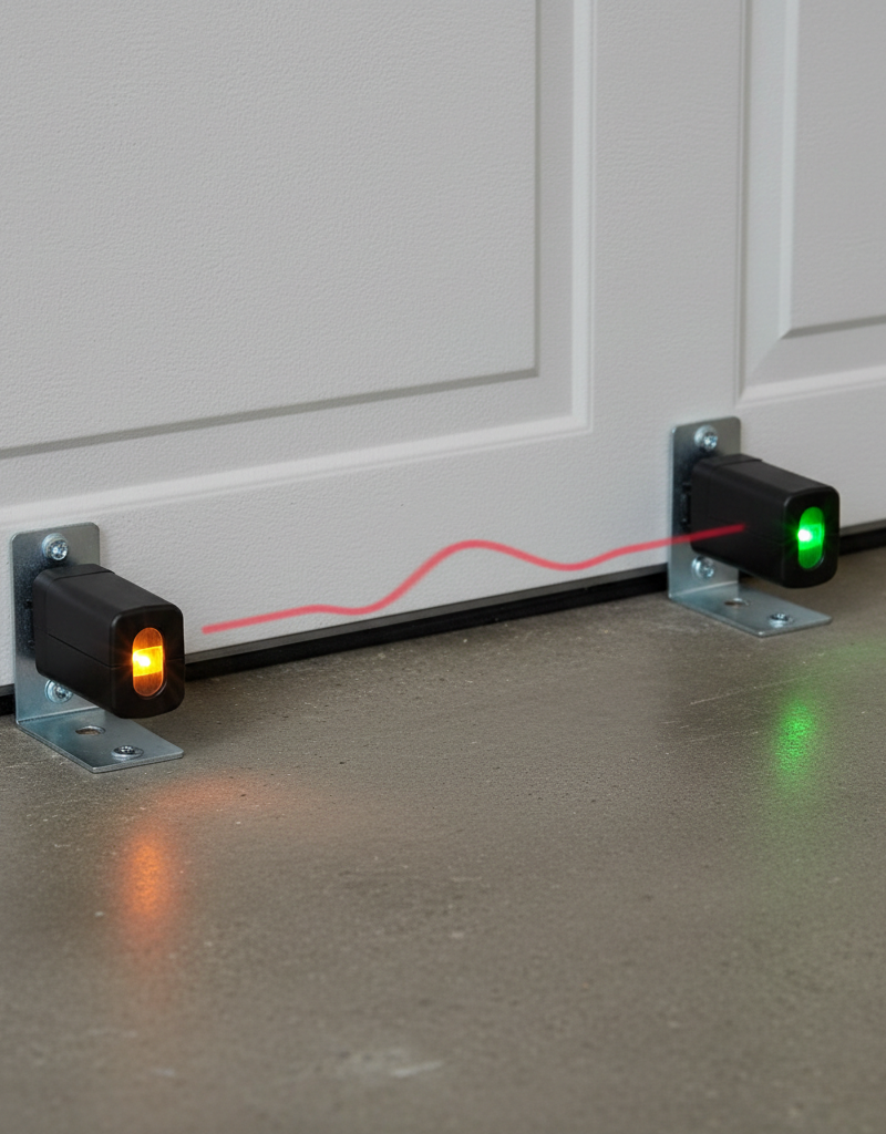 Misaligned garage door safety sensors with indicator lights showing a problem, preventing the door from closing fully.