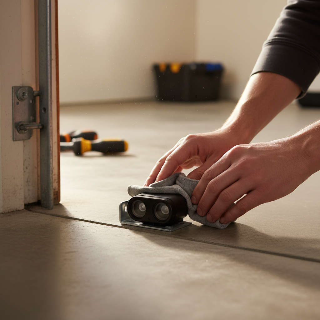Homeowner wiping clean a garage door safety sensor with a cloth.