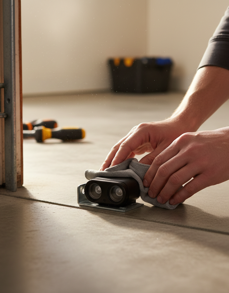 Homeowner wiping clean a garage door safety sensor with a cloth.