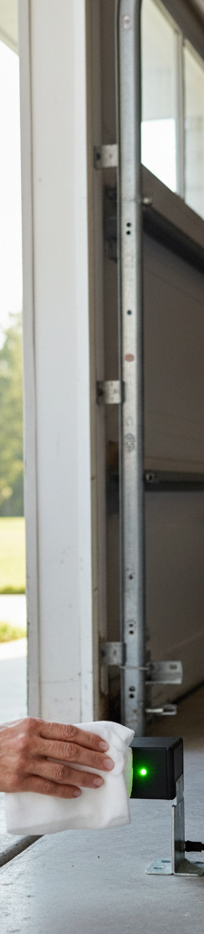 Homeowner realigning garage door safety sensor to fix door not closing