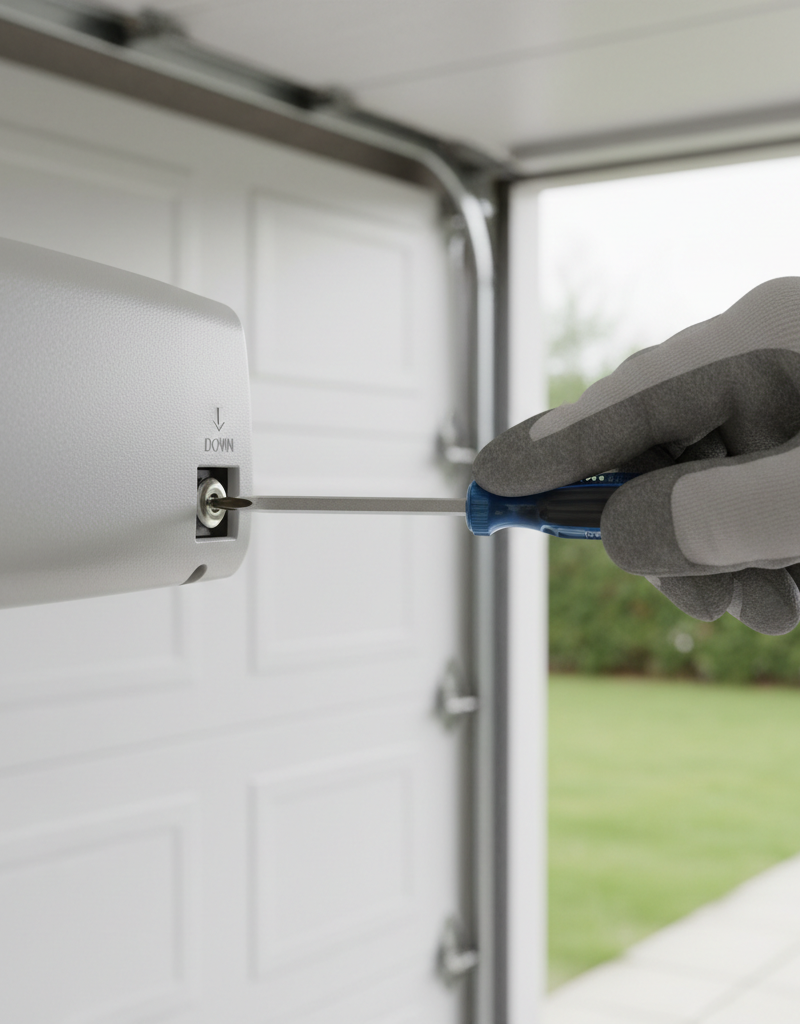 Homeowner adjusting a garage door opener's travel limit screw with a screwdriver to fix a door that won't close.