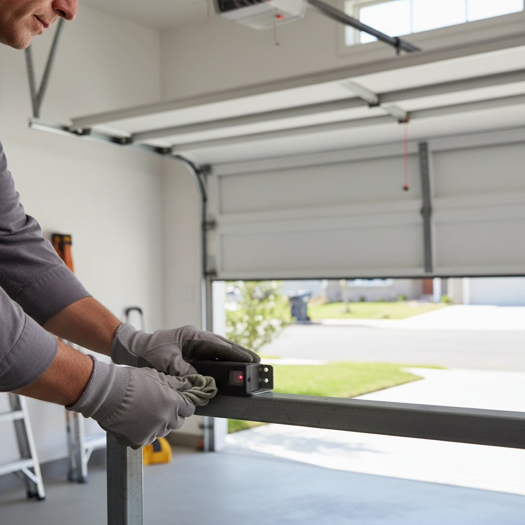 Homeowner cleaning and aligning a garage door safety sensor with a cloth.